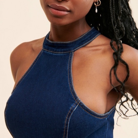 New! Free People curvy Sydney denim halter neck flare leg jumpsuit 28039 - Picture 5 of 16